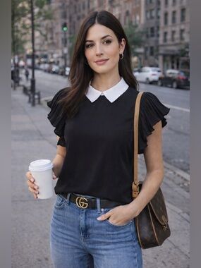 NWT CeCe Black Ruffle Sleeve Blouse White Collar Top Chic S